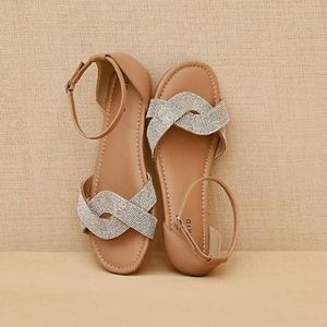 Beige Faux Leather Rhinestone Strap Flat